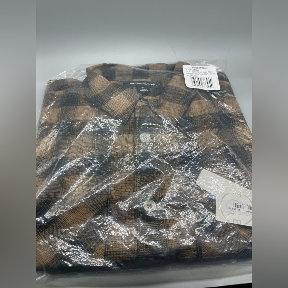 Treasure & Bond Distressed Plaid Flannel Shirt (Big Boys), Brown/Black, XL, NWT - Picture 4 of 4